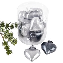 Baumkugel -Herzen- 10er-Set Glas 5cm grau
