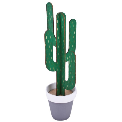 Kaktus Topf Deko-Objekt Keramik-Holz 29cm grau-grün