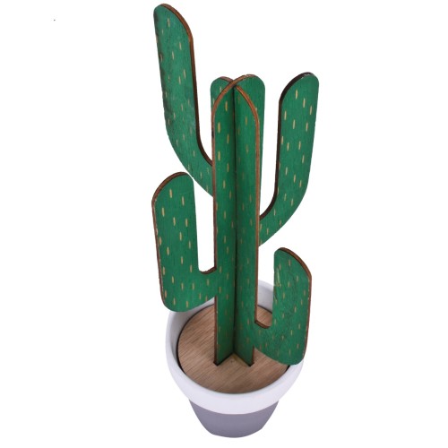 Kaktus Topf Deko-Objekt Keramik-Holz 29cm grau-grün