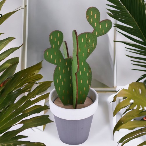 Kaktus Deko-Objekt Keramik-Holz 24cm grau-grün