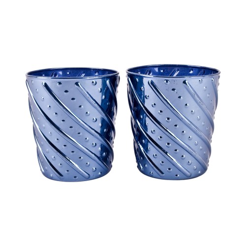 Teelichtglas 2er-Set Riffel-Design 11x10cm blau