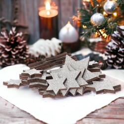 Sterne 24er-Set Holz 6cm silber