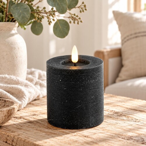 LED Stumpenkerze Rustikal Schwarz 8x7 cm Timer