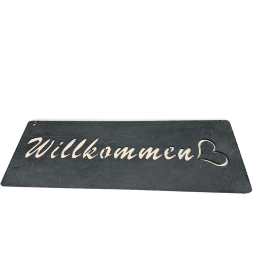 Schild -Willkommen- Metall 40x15cm grau