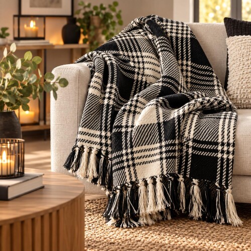 Decke -Plaid- Baumwolle 160x160cm schwarz-weiss