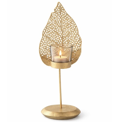 Teelichthalter Blatt Metall 28cm gold