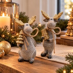 Rentier 2ass Polyresin 16cm grau-gold